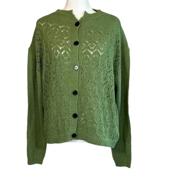 MISSLOOK GRASS GREEN KNIT BUTTON DOWN CARDIGAN OPEN WEAVE SWEATER SIZE XL NWOT - Picture 2 of 12